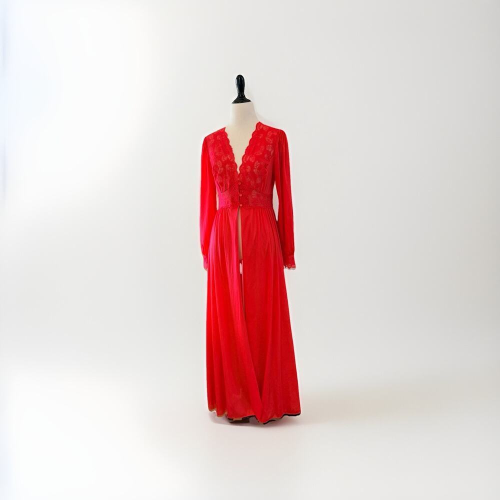 SHADOWLINE Peignoir Robe Sz Small CHERRY RED Nylon Sheer Lace Elegant Glam